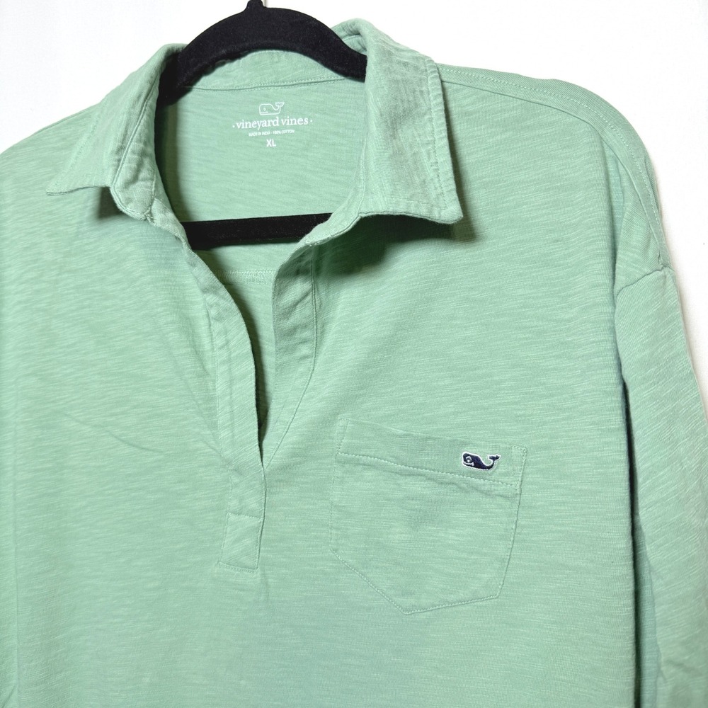 Vineyard Vines Womens XL Green Slub Cotton Long Sleeve V-Neck Polo 2G001322